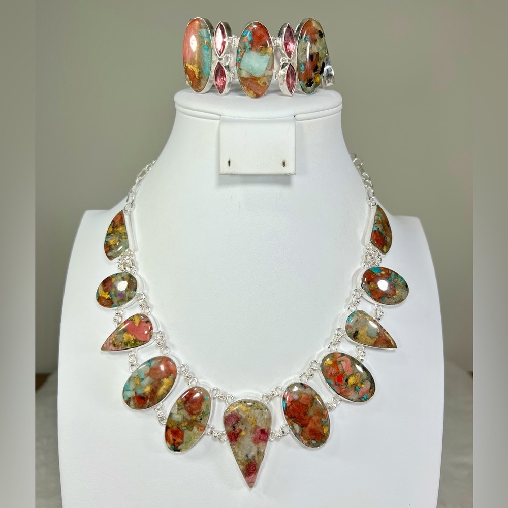 Work of Art! Oyster Turquoise 925 Large Gemstone Necklace & Bracelet